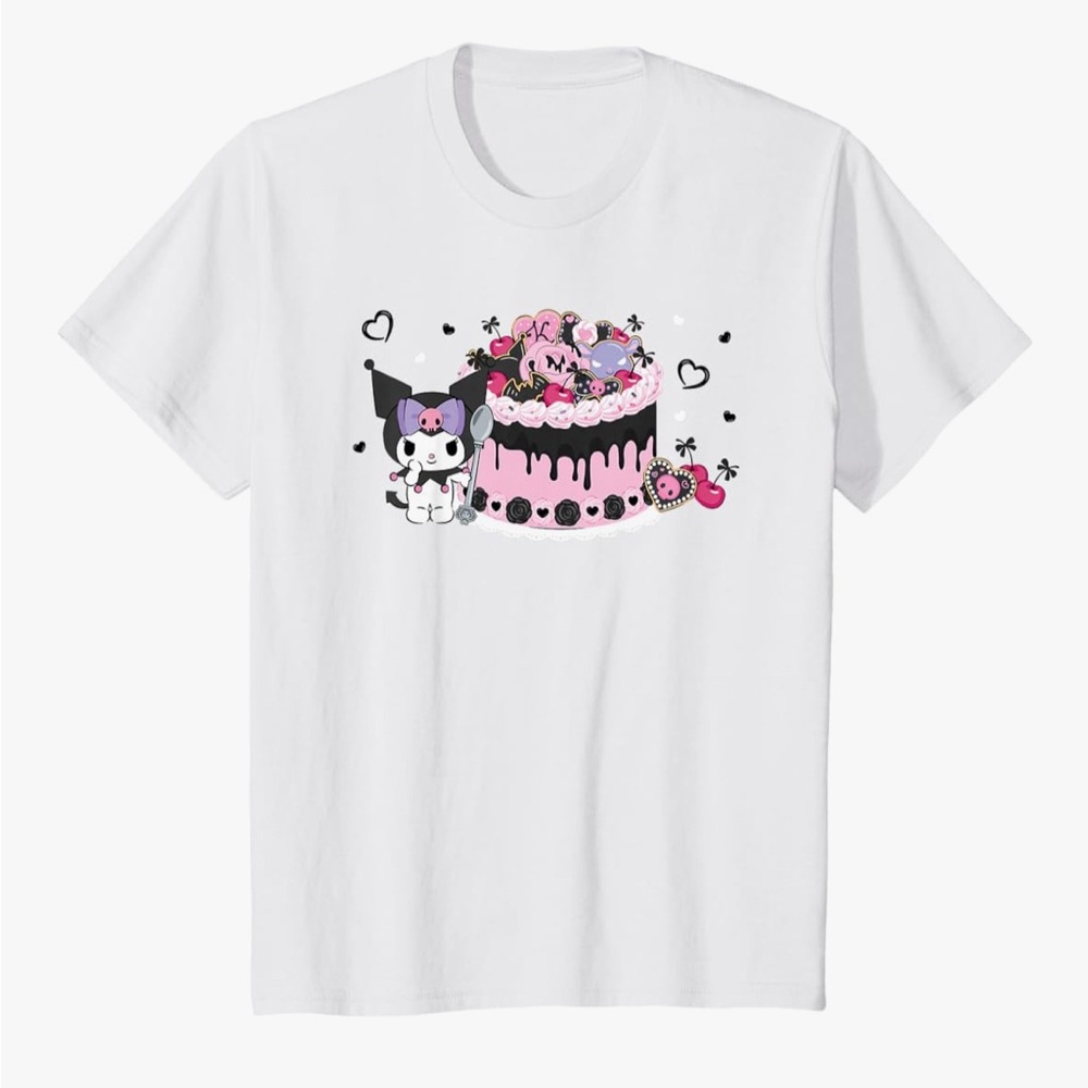 New! Kuromi 🎂 CakeWhite Short Sleeve T-Shirt Hello Kitty and Friends Youth